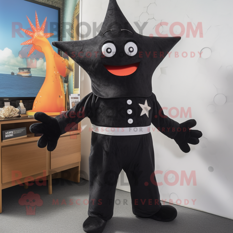 Black Starfish mascot costume character dressed with a Romper and Brooches Black Starfish mascot costume character dressed with a Romper and Brooches