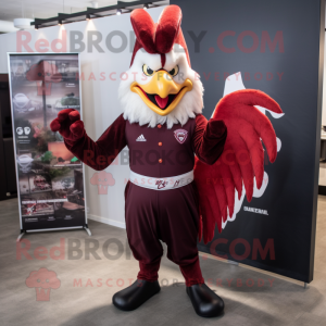 Maroon Roosters mascot costume character dressed with a V-Neck Tee and Watches