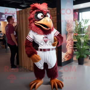 Maroon Roosters mascot costume character dressed with a V-Neck Tee and Watches