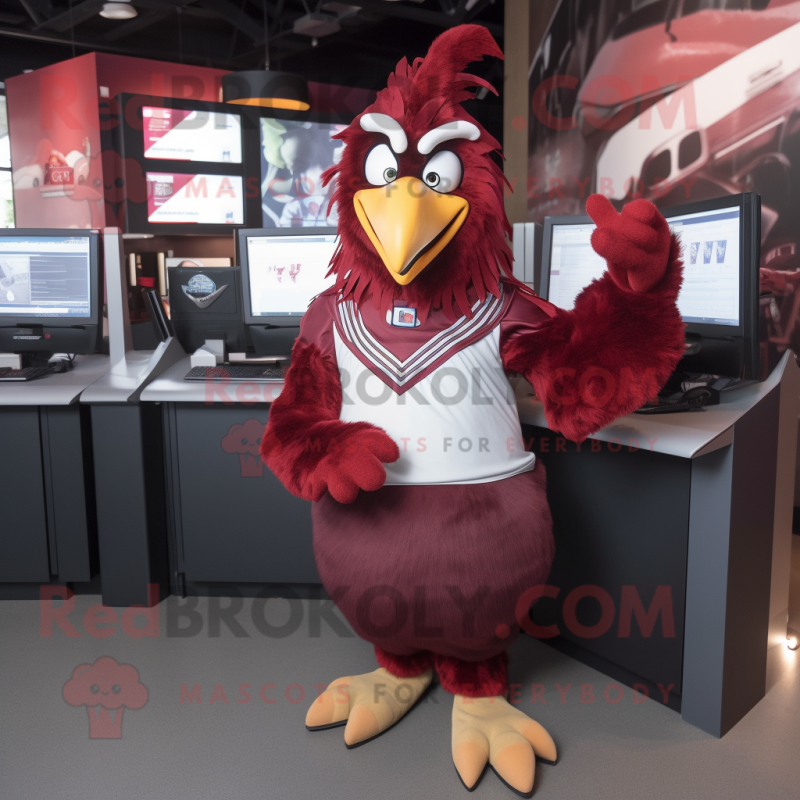 Maroon Roosters mascot costume character dressed with a V-Neck Tee and Watches Maroon Roosters mascot costume character dressed with a V-Neck Tee and Watches
