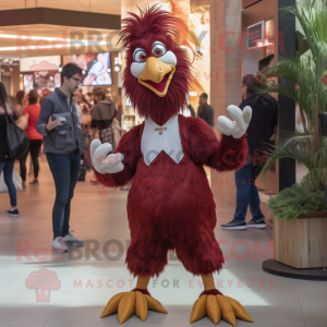 Maroon Roosters mascot costume character dressed with a V-Neck Tee and Watches