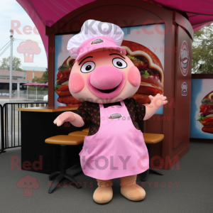 Pink Pulled Pork Sandwich mascot costume character dressed with a A-Line Skirt and Berets