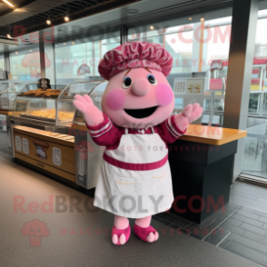 Pink Pulled Pork Sandwich mascot costume character dressed with a A-Line Skirt and Berets