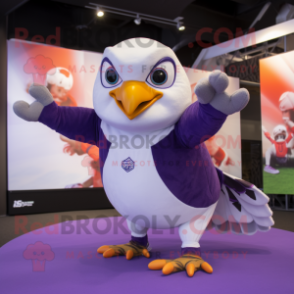 Lavender Falcon mascot costume character dressed with a Yoga Pants and Gloves