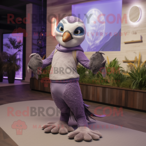 Lavender Falcon mascot costume character dressed with a Yoga Pants and Gloves