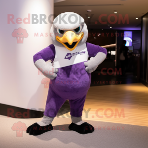 Lavender Falcon mascot costume character dressed with a Yoga Pants and Gloves