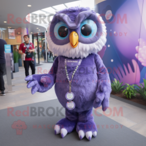 Lavender Owl mascot costume character dressed with a Jeggings and Bracelets