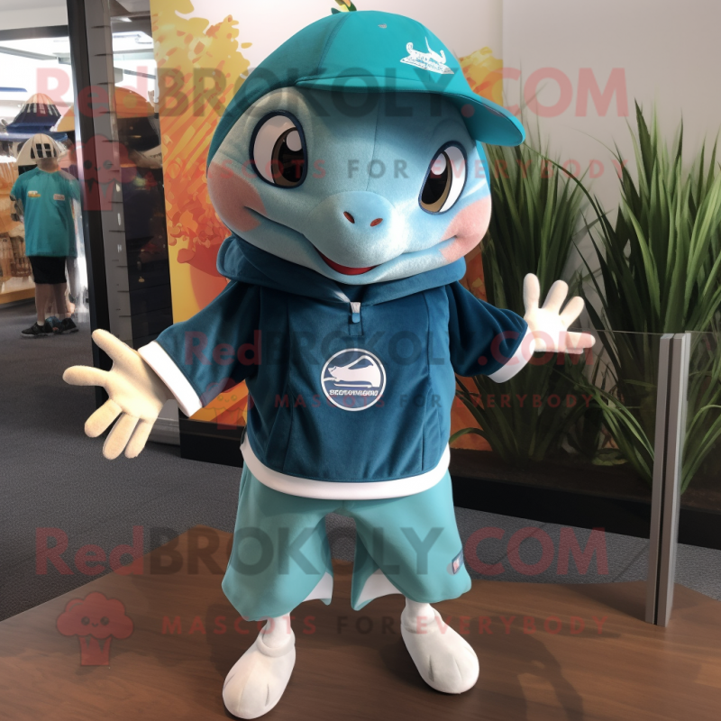 Teal Ray mascot costume character dressed with a Shorts and Beanies