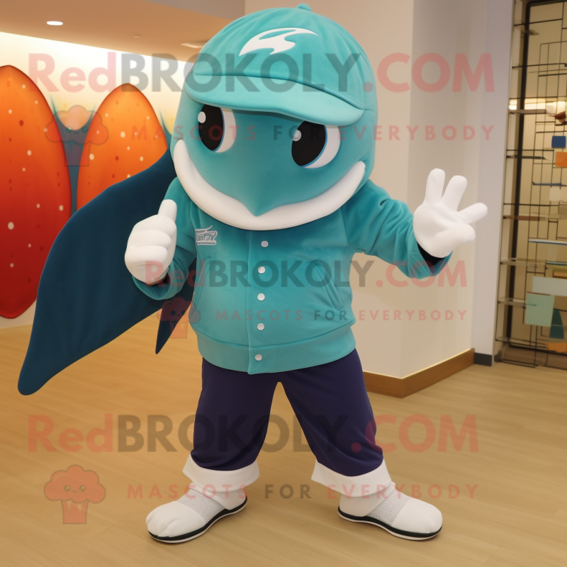 Teal Ray mascot costume character dressed with a Shorts and Beanies