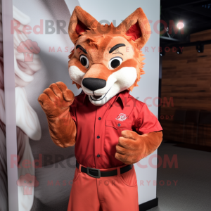 Red Bobcat mascot costume character dressed with a Poplin Shirt and Wraps