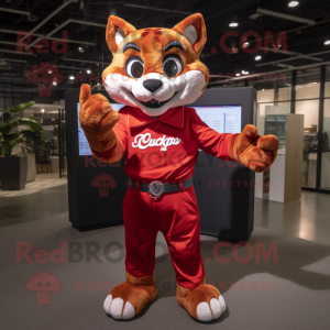 Red Bobcat mascot costume character dressed with a Poplin Shirt and Wraps