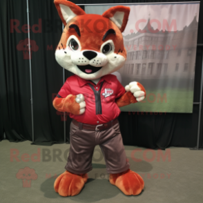 Red Bobcat mascot costume character dressed with a Poplin Shirt and Wraps