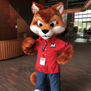 Red Bobcat mascot costume character dressed with a Poplin Shirt and Wraps