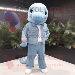 Sky Blue Beluga Whale mascot costume character dressed with a Denim Shirt and Wraps