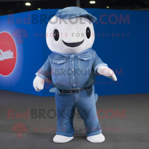 Sky Blue Beluga Whale mascot costume character dressed with a Denim Shirt and Wraps