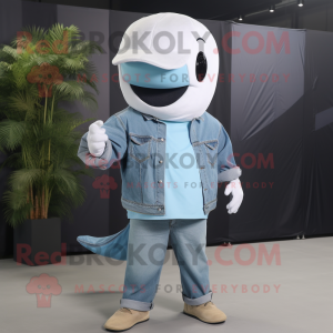 Sky Blue Beluga Whale mascot costume character dressed with a Denim Shirt and Wraps