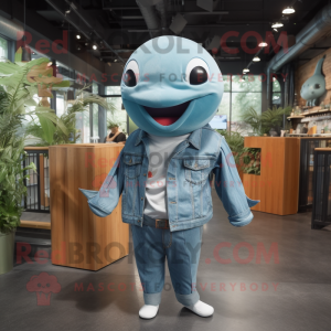 Sky Blue Beluga Whale mascot costume character dressed with a Denim Shirt and Wraps