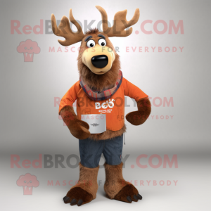 Rust Elk mascot costume character dressed with a Bootcut Jeans and Shawl pins