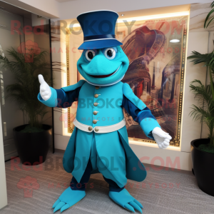 Cyan Ring Master mascot costume character dressed with a Turtleneck and Clutch bags