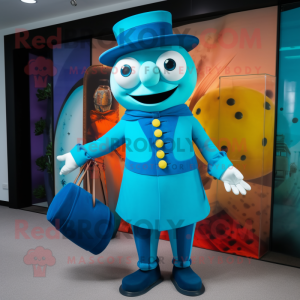 Cyan Ring Master mascot costume character dressed with a Turtleneck and Clutch bags