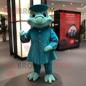 Cyan Ring Master mascot costume character dressed with a Turtleneck and Clutch bags