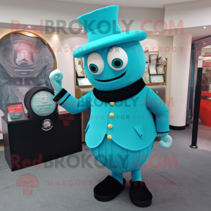 Cyan Ring Master mascot costume character dressed with a Turtleneck and Clutch bags