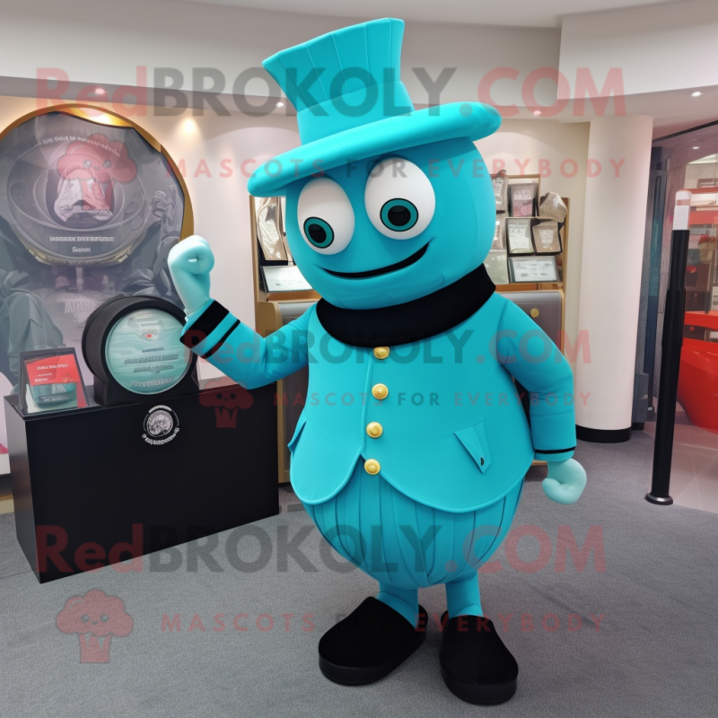 Cyan Ring Master mascot costume character dressed with a Turtleneck and Clutch bags Cyan Ring Master mascot costume character dressed with a Turtleneck and Clutch bags