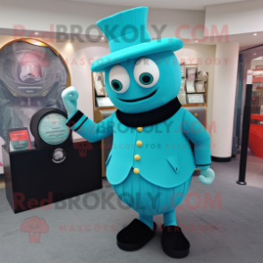 Cyan Ring Master mascot costume character dressed with a Turtleneck and Clutch bags