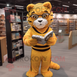 Gold Saber-Toothed Tiger mascot costume character dressed with a Joggers and Reading glasses