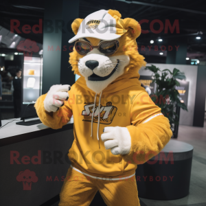 Gold Saber-Toothed Tiger mascot costume character dressed with a Joggers and Reading glasses