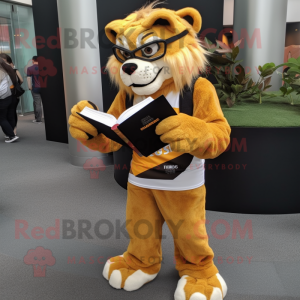 Gold Saber-Toothed Tiger mascot costume character dressed with a Joggers and Reading glasses