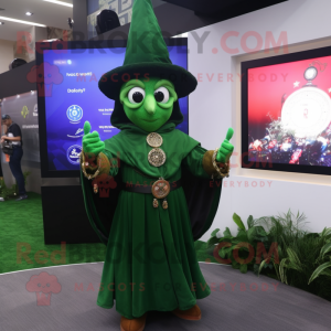 Forest Green Magician mascot costume character dressed with a Sweater and Digital watches