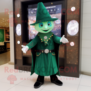 Forest Green Magician mascot costume character dressed with a Sweater and Digital watches