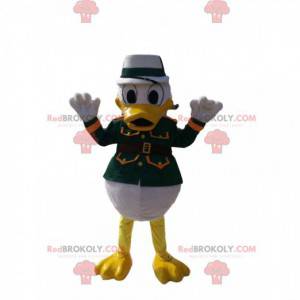 Mascote Donald com uma jaqueta de coronel verde e um chapéu -