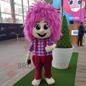 Magenta Pop Corn mascot costume character dressed with a Flannel Shirt and Hair clips