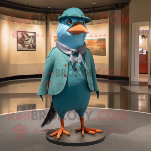 Turquoise Passenger Pigeon mascot costume character dressed with a Trousers and Beanies