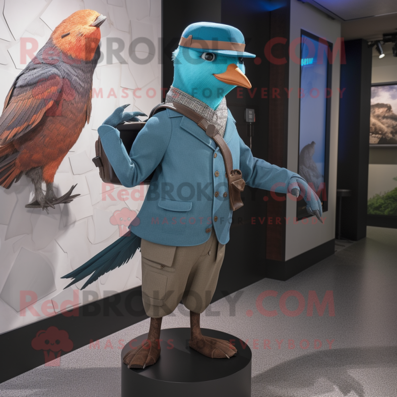 Turquoise Passenger Pigeon mascot costume character dressed with a Trousers and Beanies