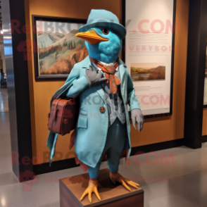 Turquoise Passenger Pigeon mascot costume character dressed with a Trousers and Beanies