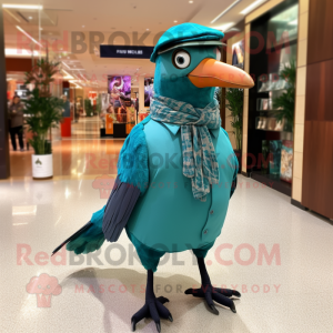 Turquoise Passenger Pigeon mascot costume character dressed with a Trousers and Beanies