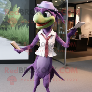 Lavender Archeopteryx mascot costume character dressed with a Pencil Skirt and Suspenders