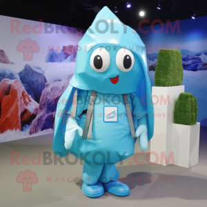 Cyan Ice mascot costume character dressed with a Raincoat and Backpacks