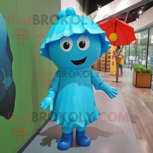 Cyan Ice mascot costume character dressed with a Raincoat and Backpacks