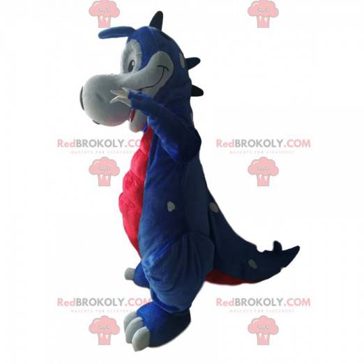 Blauwe en rode dinosaurusmascotte. Dinosaurus kostuum -