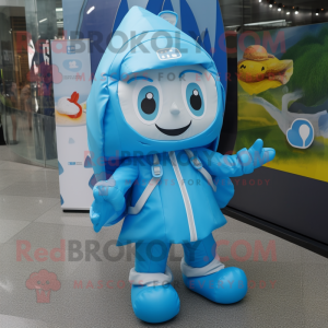 Cyan Ice mascot costume character dressed with a Raincoat and Backpacks