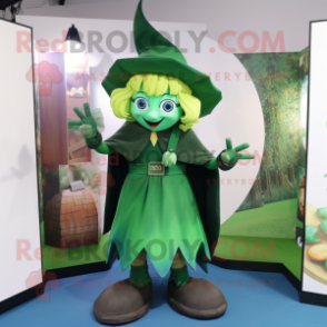 Forest Green Witch mascot costume character dressed with a Cargo Pants and Rings