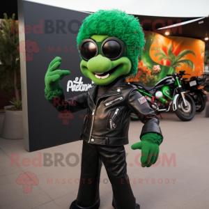 Forest Green Paella mascot costume character dressed with a Biker Jacket and Pocket squares