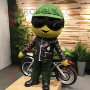 Forest Green Paella mascot costume character dressed with a Biker Jacket and Pocket squares