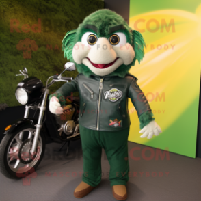 Forest Green Paella mascot costume character dressed with a Biker Jacket and Pocket squares