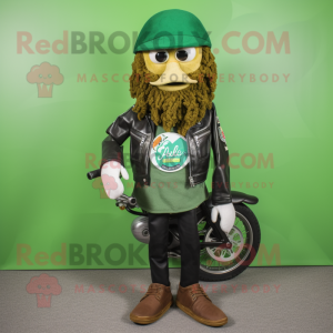 Forest Green Paella mascot costume character dressed with a Biker Jacket and Pocket squares