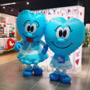 Cyan Heart Shaped Balloons mascot costume character dressed with a Mini Skirt and Messenger bags